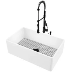 Vigo Matte Stone 30" Flat Apron Farmhouse Single Basin Matte Stone™ Kitchen Sink with Single Hole 1.8 GPM Zurich Kitchen Faucet