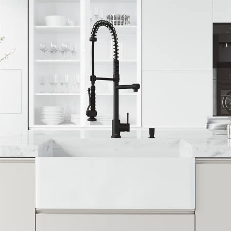 Vigo Matte Stone 30" Flat Apron Farmhouse Single Basin Matte Stone™ Kitchen Sink with Single Hole 1.8 GPM Zurich Kitchen Faucet 4 Vigo Matte Stone 30" Flat Apron Farmhouse Single Basin Matte Stone™ Kitchen Sink with Single Hole 1.8 GPM Zurich Kitchen Faucet - Image 2