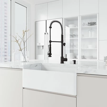 Vigo Matte Stone 30" Flat Apron Farmhouse Single Basin Matte Stone™ Kitchen Sink with Single Hole 1.8 GPM Zurich Kitchen Faucet 5 Vigo Matte Stone 30" Flat Apron Farmhouse Single Basin Matte Stone™ Kitchen Sink with Single Hole 1.8 GPM Zurich Kitchen Faucet - Image 3