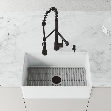 Vigo Matte Stone 30" Flat Apron Farmhouse Single Basin Matte Stone™ Kitchen Sink with Single Hole 1.8 GPM Zurich Kitchen Faucet 6 Vigo Matte Stone 30" Flat Apron Farmhouse Single Basin Matte Stone™ Kitchen Sink with Single Hole 1.8 GPM Zurich Kitchen Faucet - Image 4