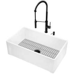 Vigo Matte Stone 30" Casement Apron Farmhouse Single Basin Matte Stone™ Kitchen Sink with Single Hole 1.8 GPM Livingston Kitchen Faucet