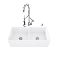 Vigo 36" Double Basin Farmhouse Matte Stone™ Kitchen Sink with High-Arch Pre-Rinse Faucet, Soap Dispenser, Cutting Board, and Basket Strainers