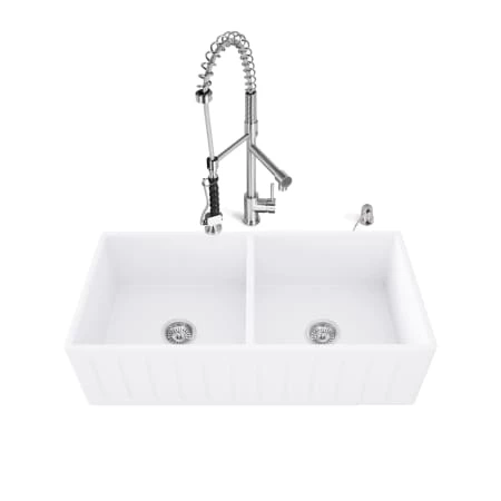 Vigo 36" Double Basin Farmhouse Matte Stone™ Kitchen Sink with High-Arch Pre-Rinse Faucet, Soap Dispenser, Cutting Board, and Basket Strainers 3 Vigo 36" Double Basin Farmhouse Matte Stone™ Kitchen Sink with High-Arch Pre-Rinse Faucet, Soap Dispenser, Cutting Board, and Basket Strainers