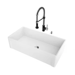 Vigo ALL-IN-ONE 36" Farmhouse Single Basin Matte Stone™ Kitchen Sink with Edison Stainless Steel / Matte Black Single Hole 1.8 GPM Kitchen Faucet, Soap Dispenser, Basket Strainer and Cutting Board Included