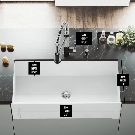 Vigo ALL-IN-ONE 36" Farmhouse Single Basin Matte Stone™ Kitchen Sink with Edison Stainless Steel / Matte Black Single Hole 1.8 GPM Kitchen Faucet, Soap Dispenser, Basket Strainer and Cutting Board Included 6 Vigo ALL-IN-ONE 36" Farmhouse Single Basin Matte Stone™ Kitchen Sink with Edison Stainless Steel / Matte Black Single Hole 1.8 GPM Kitchen Faucet, Soap Dispenser, Basket Strainer and Cutting Board Included - Image 4