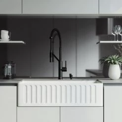 Vigo All-In-One 36" Farmhouse Single Basin Matte Stone™ Kitchen Sink with Livingston Matte Black Single Hole 1.8 GPM Kitchen Faucet, Soap Dispenser, Basket Strainer and Cutting Board Included