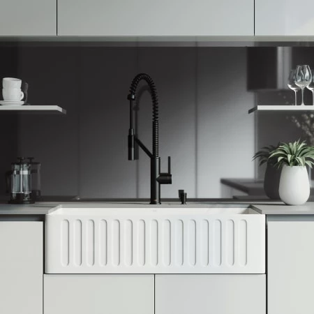 Vigo All-In-One 36" Farmhouse Single Basin Matte Stone™ Kitchen Sink with Livingston Matte Black Single Hole 1.8 GPM Kitchen Faucet, Soap Dispenser, Basket Strainer and Cutting Board Included 3 Vigo All-In-One 36" Farmhouse Single Basin Matte Stone™ Kitchen Sink with Livingston Matte Black Single Hole 1.8 GPM Kitchen Faucet, Soap Dispenser, Basket Strainer and Cutting Board Included