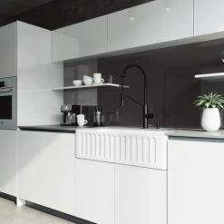 Vigo All-In-One 36" Farmhouse Single Basin Matte Stone™ Kitchen Sink with Livingston Matte Black Single Hole 1.8 GPM Kitchen Faucet, Soap Dispenser, Basket Strainer and Cutting Board Included 11 Vigo All-In-One 36" Farmhouse Single Basin Matte Stone™ Kitchen Sink with Livingston Matte Black Single Hole 1.8 GPM Kitchen Faucet, Soap Dispenser, Basket Strainer and Cutting Board Included -Kraus Sales Shop vigo vg15744 alternate image 142