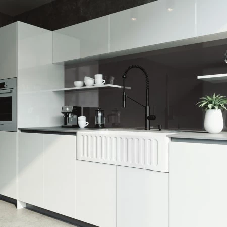 Vigo All-In-One 36" Farmhouse Single Basin Matte Stone™ Kitchen Sink with Livingston Matte Black Single Hole 1.8 GPM Kitchen Faucet, Soap Dispenser, Basket Strainer and Cutting Board Included 6 Vigo All-In-One 36" Farmhouse Single Basin Matte Stone™ Kitchen Sink with Livingston Matte Black Single Hole 1.8 GPM Kitchen Faucet, Soap Dispenser, Basket Strainer and Cutting Board Included - Image 4