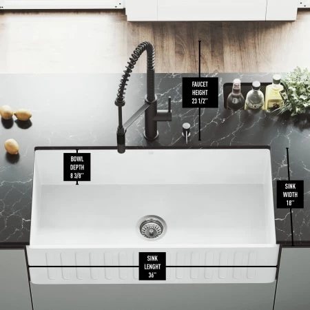 Vigo All-In-One 36" Farmhouse Single Basin Matte Stone™ Kitchen Sink with Livingston Matte Black Single Hole 1.8 GPM Kitchen Faucet, Soap Dispenser, Basket Strainer and Cutting Board Included 7 Vigo All-In-One 36" Farmhouse Single Basin Matte Stone™ Kitchen Sink with Livingston Matte Black Single Hole 1.8 GPM Kitchen Faucet, Soap Dispenser, Basket Strainer and Cutting Board Included - Image 5