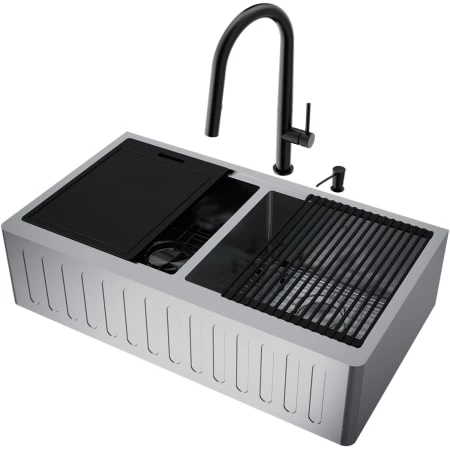 Vigo Oxford 36" Farmhouse Double Basin Stainless Steel Kitchen Sink with Greenwich Single Hole 1.8 GPM Kitchen Faucet and Soap Dispenser 3 Vigo Oxford 36" Farmhouse Double Basin Stainless Steel Kitchen Sink with Greenwich Single Hole 1.8 GPM Kitchen Faucet and Soap Dispenser
