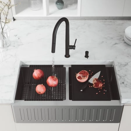 Vigo Oxford 36" Farmhouse Double Basin Stainless Steel Kitchen Sink with Greenwich Single Hole 1.8 GPM Kitchen Faucet and Soap Dispenser 6 Vigo Oxford 36" Farmhouse Double Basin Stainless Steel Kitchen Sink with Greenwich Single Hole 1.8 GPM Kitchen Faucet and Soap Dispenser - Image 4