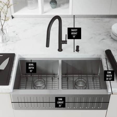 Vigo Oxford 36" Farmhouse Double Basin Stainless Steel Kitchen Sink with Greenwich Single Hole 1.8 GPM Kitchen Faucet and Soap Dispenser 7 Vigo Oxford 36" Farmhouse Double Basin Stainless Steel Kitchen Sink with Greenwich Single Hole 1.8 GPM Kitchen Faucet and Soap Dispenser - Image 5