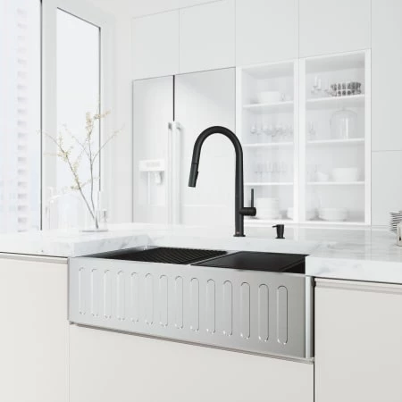 Vigo Oxford 36" Farmhouse Double Basin Stainless Steel Kitchen Sink with Greenwich Single Hole 1.8 GPM Kitchen Faucet and Soap Dispenser 8 Vigo Oxford 36" Farmhouse Double Basin Stainless Steel Kitchen Sink with Greenwich Single Hole 1.8 GPM Kitchen Faucet and Soap Dispenser - Image 6