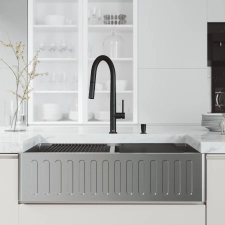 Vigo Oxford 36" Farmhouse Double Basin Stainless Steel Kitchen Sink with Greenwich Single Hole 1.8 GPM Kitchen Faucet and Soap Dispenser 5 Vigo Oxford 36" Farmhouse Double Basin Stainless Steel Kitchen Sink with Greenwich Single Hole 1.8 GPM Kitchen Faucet and Soap Dispenser - Image 3