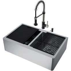 Vigo Oxford 33" Farmhouse Double Basin Stainless Steel Kitchen Sink with Edison Single Hole 1.8 GPM Kitchen Faucet and Soap Dispenser