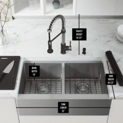 Vigo Oxford 33" Farmhouse Double Basin Stainless Steel Kitchen Sink with Edison Single Hole 1.8 GPM Kitchen Faucet and Soap Dispenser -Kraus Sales Shop vigo vg15922 alternate image 218