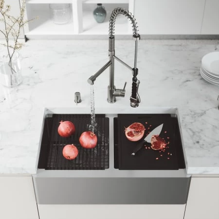 Vigo Oxford 33" Farmhouse Double Basin Stainless Steel Kitchen Sink with Zurich Single Hole 1.8 GPM Kitchen Faucet and Soap Dispenser 6 Vigo Oxford 33" Farmhouse Double Basin Stainless Steel Kitchen Sink with Zurich Single Hole 1.8 GPM Kitchen Faucet and Soap Dispenser - Image 4