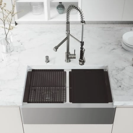 Vigo Oxford 33" Farmhouse Double Basin Stainless Steel Kitchen Sink with Zurich Single Hole 1.8 GPM Kitchen Faucet and Soap Dispenser 4 Vigo Oxford 33" Farmhouse Double Basin Stainless Steel Kitchen Sink with Zurich Single Hole 1.8 GPM Kitchen Faucet and Soap Dispenser - Image 2