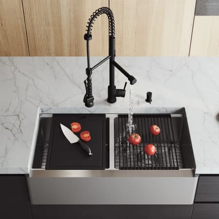 Vigo Oxford 36" Farmhouse Double Basin Stainless Steel Kitchen Sink with Zurich Single Hole 1.8 GPM Kitchen Faucet and Soap Dispenser 6 Vigo Oxford 36" Farmhouse Double Basin Stainless Steel Kitchen Sink with Zurich Single Hole 1.8 GPM Kitchen Faucet and Soap Dispenser - Image 4