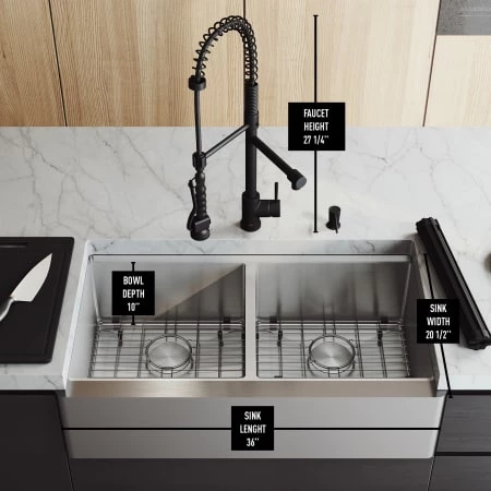 Vigo Oxford 36" Farmhouse Double Basin Stainless Steel Kitchen Sink with Zurich Single Hole 1.8 GPM Kitchen Faucet and Soap Dispenser 7 Vigo Oxford 36" Farmhouse Double Basin Stainless Steel Kitchen Sink with Zurich Single Hole 1.8 GPM Kitchen Faucet and Soap Dispenser - Image 5