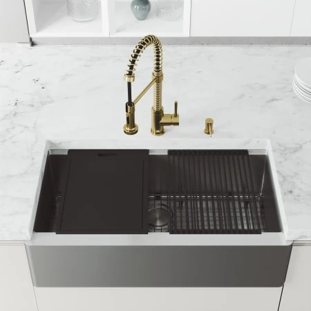 Vigo Oxford SoundAbsorb™ 36" Flat Apron Farmhouse Single Basin Stainless Steel Kitchen Sink with Single Hole 1.8 GPM Edison Kitchen Faucet 6 Vigo Oxford SoundAbsorb™ 36" Flat Apron Farmhouse Single Basin Stainless Steel Kitchen Sink with Single Hole 1.8 GPM Edison Kitchen Faucet - Image 4