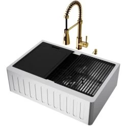 Kraus Sales Shop 20 Vigo Oxford SoundAbsorb™ 30" Slotted Apron Farmhouse Single Basin Stainless Steel Kitchen Sink with Single Hole 1.8 GPM Brant Kitchen Faucet