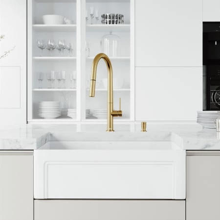 Vigo Matte Stone 30" Casement Apron Farmhouse Single Basin Matte Stone™ Kitchen Sink with Single Hole 1.8 GPM Greenwich Kitchen Faucet 4 Vigo Matte Stone 30" Casement Apron Farmhouse Single Basin Matte Stone™ Kitchen Sink with Single Hole 1.8 GPM Greenwich Kitchen Faucet - Image 2