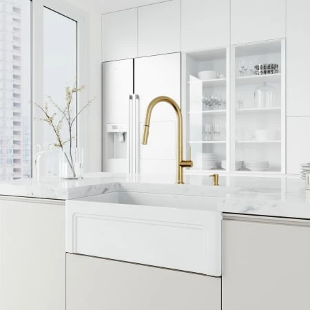 Vigo Matte Stone 30" Casement Apron Farmhouse Single Basin Matte Stone™ Kitchen Sink with Single Hole 1.8 GPM Greenwich Kitchen Faucet 6 Vigo Matte Stone 30" Casement Apron Farmhouse Single Basin Matte Stone™ Kitchen Sink with Single Hole 1.8 GPM Greenwich Kitchen Faucet - Image 4