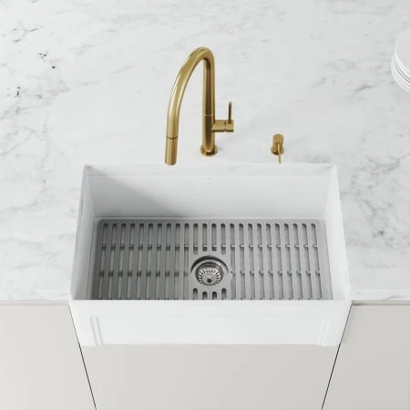 Vigo Matte Stone 30" Casement Apron Farmhouse Single Basin Matte Stone™ Kitchen Sink with Single Hole 1.8 GPM Greenwich Kitchen Faucet 7 Vigo Matte Stone 30" Casement Apron Farmhouse Single Basin Matte Stone™ Kitchen Sink with Single Hole 1.8 GPM Greenwich Kitchen Faucet - Image 5