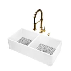 Vigo Matte Stone 33" Farmhouse Double Basin Stone Composite Kitchen Sink with Single Hole 1.8 GPM Kitchen Faucet -Kraus Sales Shop vigo vg15970 alternate image 29
