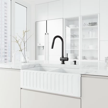 Vigo Matte Stone 33" Farmhouse Double Basin Stone Composite Kitchen Sink with Single Hole 1.8 GPM Kitchen Faucet 5 Vigo Matte Stone 33" Farmhouse Double Basin Stone Composite Kitchen Sink with Single Hole 1.8 GPM Kitchen Faucet - Image 3