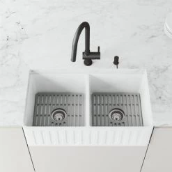 Vigo Matte Stone 33" Farmhouse Double Basin Stone Composite Kitchen Sink with Single Hole 1.8 GPM Kitchen Faucet 11 Vigo Matte Stone 33" Farmhouse Double Basin Stone Composite Kitchen Sink with Single Hole 1.8 GPM Kitchen Faucet -Kraus Sales Shop vigo vg15978 alternate image 15
