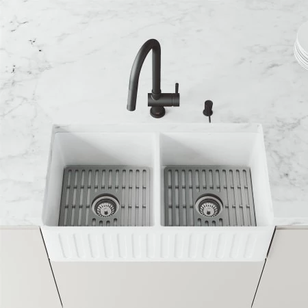 Vigo Matte Stone 33" Farmhouse Double Basin Stone Composite Kitchen Sink with Single Hole 1.8 GPM Kitchen Faucet 6 Vigo Matte Stone 33" Farmhouse Double Basin Stone Composite Kitchen Sink with Single Hole 1.8 GPM Kitchen Faucet - Image 4