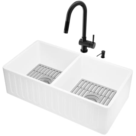 Vigo Matte Stone 33" Farmhouse Double Basin Stone Composite Kitchen Sink with Single Hole 1.8 GPM Kitchen Faucet 7 Vigo Matte Stone 33" Farmhouse Double Basin Stone Composite Kitchen Sink with Single Hole 1.8 GPM Kitchen Faucet - Image 5