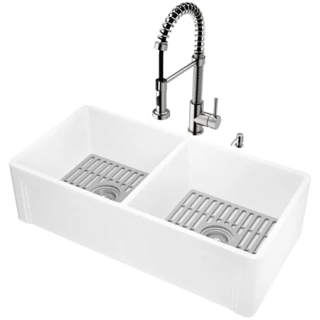Vigo Matte Stone 36" Farmhouse Double Basin Stone Composite Kitchen Sink with Single Hole 1.8 GPM Kitchen Faucet 7 Vigo Matte Stone 36" Farmhouse Double Basin Stone Composite Kitchen Sink with Single Hole 1.8 GPM Kitchen Faucet - Image 5