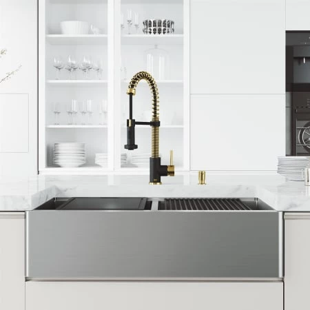Vigo Oxford 36" Flat Apron Farmhouse Double Basin Stainless Steel Kitchen Sink with Single Hole 1.8 GPM Edison Kitchen Faucet 4 Vigo Oxford 36" Flat Apron Farmhouse Double Basin Stainless Steel Kitchen Sink with Single Hole 1.8 GPM Edison Kitchen Faucet - Image 2