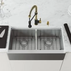 Vigo Oxford 36" Flat Apron Farmhouse Double Basin Stainless Steel Kitchen Sink with Single Hole 1.8 GPM Edison Kitchen Faucet 11 Vigo Oxford 36" Flat Apron Farmhouse Double Basin Stainless Steel Kitchen Sink with Single Hole 1.8 GPM Edison Kitchen Faucet -Kraus Sales Shop vigo vg15993 alternate view 956