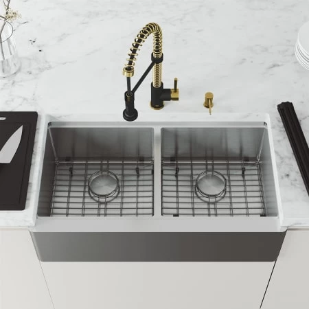 Vigo Oxford 36" Flat Apron Farmhouse Double Basin Stainless Steel Kitchen Sink with Single Hole 1.8 GPM Edison Kitchen Faucet 6 Vigo Oxford 36" Flat Apron Farmhouse Double Basin Stainless Steel Kitchen Sink with Single Hole 1.8 GPM Edison Kitchen Faucet - Image 4