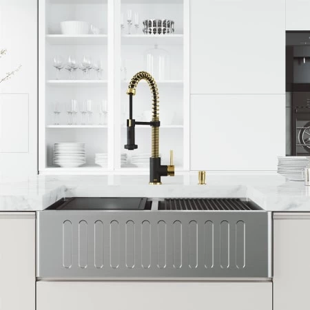 Vigo Oxford 33" Slotted Apron Farmhouse Double Basin Stainless Steel Kitchen Sink with Single Hole 1.8 GPM Edison Kitchen Faucet 4 Vigo Oxford 33" Slotted Apron Farmhouse Double Basin Stainless Steel Kitchen Sink with Single Hole 1.8 GPM Edison Kitchen Faucet - Image 2