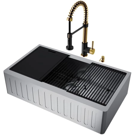 Vigo Oxford 36" Slotted Apron Farmhouse Single Basin Stainless Steel Kitchen Sink with Single Hole 1.8 GPM Edison Kitchen Faucet 3 Vigo Oxford 36" Slotted Apron Farmhouse Single Basin Stainless Steel Kitchen Sink with Single Hole 1.8 GPM Edison Kitchen Faucet