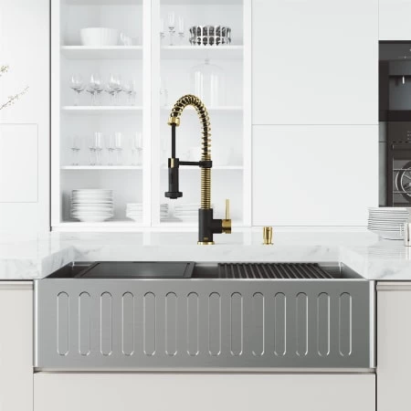Vigo Oxford 36" Slotted Apron Farmhouse Single Basin Stainless Steel Kitchen Sink with Single Hole 1.8 GPM Edison Kitchen Faucet 4 Vigo Oxford 36" Slotted Apron Farmhouse Single Basin Stainless Steel Kitchen Sink with Single Hole 1.8 GPM Edison Kitchen Faucet - Image 2