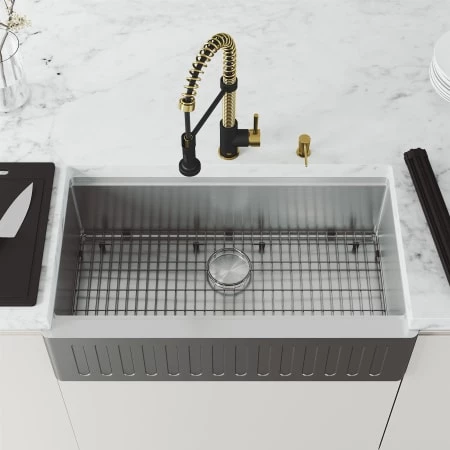 Vigo Oxford 36" Slotted Apron Farmhouse Single Basin Stainless Steel Kitchen Sink with Single Hole 1.8 GPM Edison Kitchen Faucet 6 Vigo Oxford 36" Slotted Apron Farmhouse Single Basin Stainless Steel Kitchen Sink with Single Hole 1.8 GPM Edison Kitchen Faucet - Image 4