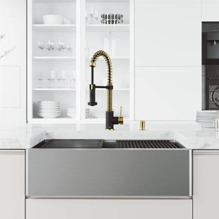 Vigo Oxford 33" Flat Apron Farmhouse Single Basin Stainless Steel Kitchen Sink with Single Hole 1.8 GPM Edison Kitchen Faucet 4 Vigo Oxford 33" Flat Apron Farmhouse Single Basin Stainless Steel Kitchen Sink with Single Hole 1.8 GPM Edison Kitchen Faucet - Image 2