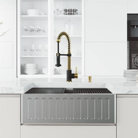Vigo Oxford 30" Slotted Apron Farmhouse Single Basin Stainless Steel Kitchen Sink with Single Hole 1.8 GPM Edison Kitchen Faucet 4 Vigo Oxford 30" Slotted Apron Farmhouse Single Basin Stainless Steel Kitchen Sink with Single Hole 1.8 GPM Edison Kitchen Faucet - Image 2