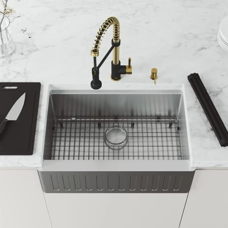 Vigo Oxford 30" Slotted Apron Farmhouse Single Basin Stainless Steel Kitchen Sink with Single Hole 1.8 GPM Edison Kitchen Faucet 6 Vigo Oxford 30" Slotted Apron Farmhouse Single Basin Stainless Steel Kitchen Sink with Single Hole 1.8 GPM Edison Kitchen Faucet - Image 4