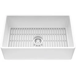 Vigo Matte Stone 30" Farmhouse Single Basin Matte Stone™ Flat Apron Kitchen Sink with Basin Rack, Basket Strainer, and Cutting Board