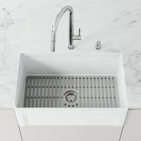 Vigo Matte Stone 30" Farmhouse Single Basin Matte Stone™ Kitchen Sink with Basin Rack, Basket Strainer and Cutting Board 3 Vigo Matte Stone 30" Farmhouse Single Basin Matte Stone™ Kitchen Sink with Basin Rack, Basket Strainer and Cutting Board