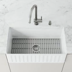 Vigo Matte Stone 33" Farmhouse Single Basin Matte Stone™ Kitchen Sink with Basin Rack, Basket Strainer and Cutting Board