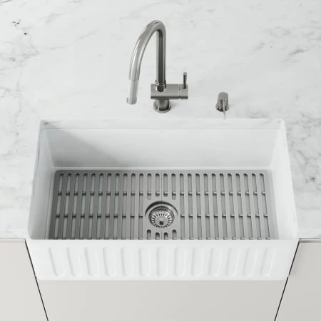 Vigo Matte Stone 33" Farmhouse Single Basin Matte Stone™ Kitchen Sink with Basin Rack, Basket Strainer and Cutting Board 3 Vigo Matte Stone 33" Farmhouse Single Basin Matte Stone™ Kitchen Sink with Basin Rack, Basket Strainer and Cutting Board